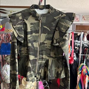Camo Ruffle Sleeve Button Down Shirt